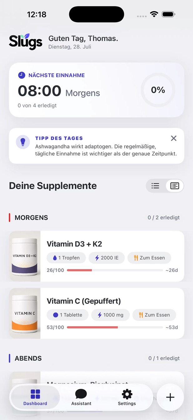 Das vollständige Slugs Dashboard im Alltag