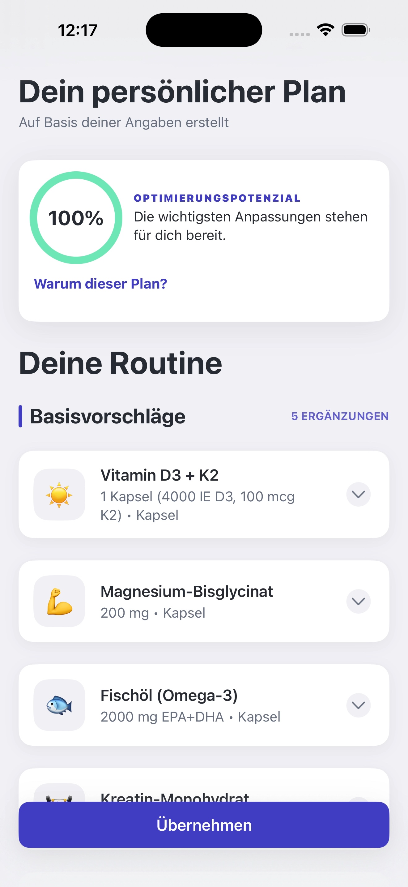 Der persönliche Supplementplan als Ergebnis der Slugs KI-Analyse